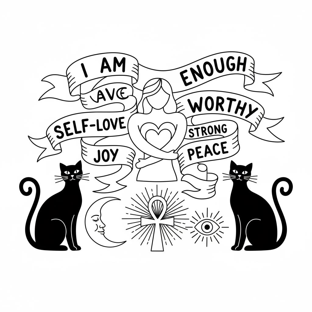 self love with positive word affirmations on the page as well as hoodoo spiritual pictures with ankhs evilseye the moon cats with big bold outlines