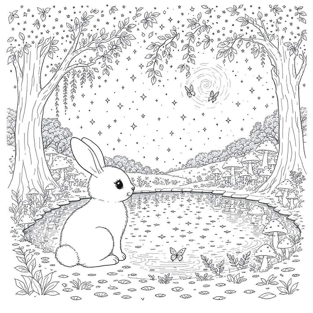 A bunny gazes into a mirror-like forest pond reflecting a dreamy night sky full of swirling leaves and stars. A ring of mushrooms glows faintly nearby, hinting at fairy presence. The atmosphere is peaceful and otherworldly. Black-and-white line art, clean outlines, no shading, no grey, no color, white background, kawaii fuzzy hygge coloring page style, full-page composition.