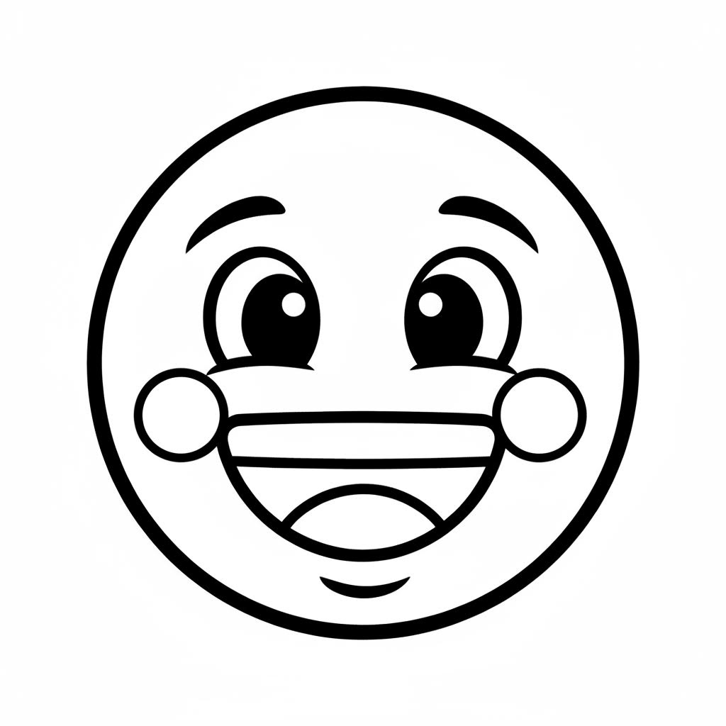 Style Prefix: "Children's coloring book page, thick hand-drawn black outlines, simple cute emoji character, crayon texture, white background, high contrast, bold lines."

HAPPY: [Style Prefix], Happy emoji with a big smile and blushing cheeks, sun doodles in background. Text: "HAPPY".

SAD: [Style Prefix], Sad emoji with a single tear and a small frown, cloud doodles. Text: "SAD".

ANGRY: [Style Prefix], Angry emoji with V-eyebrows and little steam swirls, sharp star doodles. Text: "ANGRY".

EXCITED: [Style Prefix], Excited emoji with big star eyes and an open mouth, confetti doodles. Text: "EXCITED".

SCARED: [Style Prefix], Scared emoji with wide eyes and wavy mouth, little 'shiver' lines. Text: "SCARED".

SILLY: [Style Prefix], Silly emoji with tongue out and one eye closed, spiral doodles. Text: "SILLY".

TIRED: [Style Prefix], Tired emoji with droopy eyes and "Zzz" symbols, moon and star doodles. Text: "TIRED".

SURPRISED: [Style Prefix], Surprised emoji with huge round eyes and "!" marks. Text: "SURPRISED".

SHY: [Style Prefix], Shy emoji looking down with dotted blushing cheeks. Text: "SHY".

FRUSTRATED: [Style Prefix], Frustrated emoji with a squiggly mouth and a scribble over the head. Text: "FRUSTRATED".

PROUD: [Style Prefix], Proud emoji wearing a simple hand-drawn crown. Text: "PROUD".

LOVED: [Style Prefix], Loved emoji with heart eyes and floating heart doodles. Text: "LOVED".

NERVOUS: [Style Prefix], Nervous emoji with a bead of sweat and horizontal mouth line. Text: "NERVOUS".

BORED: [Style Prefix], Bored emoji looking up with a flat straight-line mouth. Text: "BORED".

CALM: [Style Prefix], Calm emoji with closed eyes and a tiny peaceful smile, soft cloud doodles. Text: "CALM".