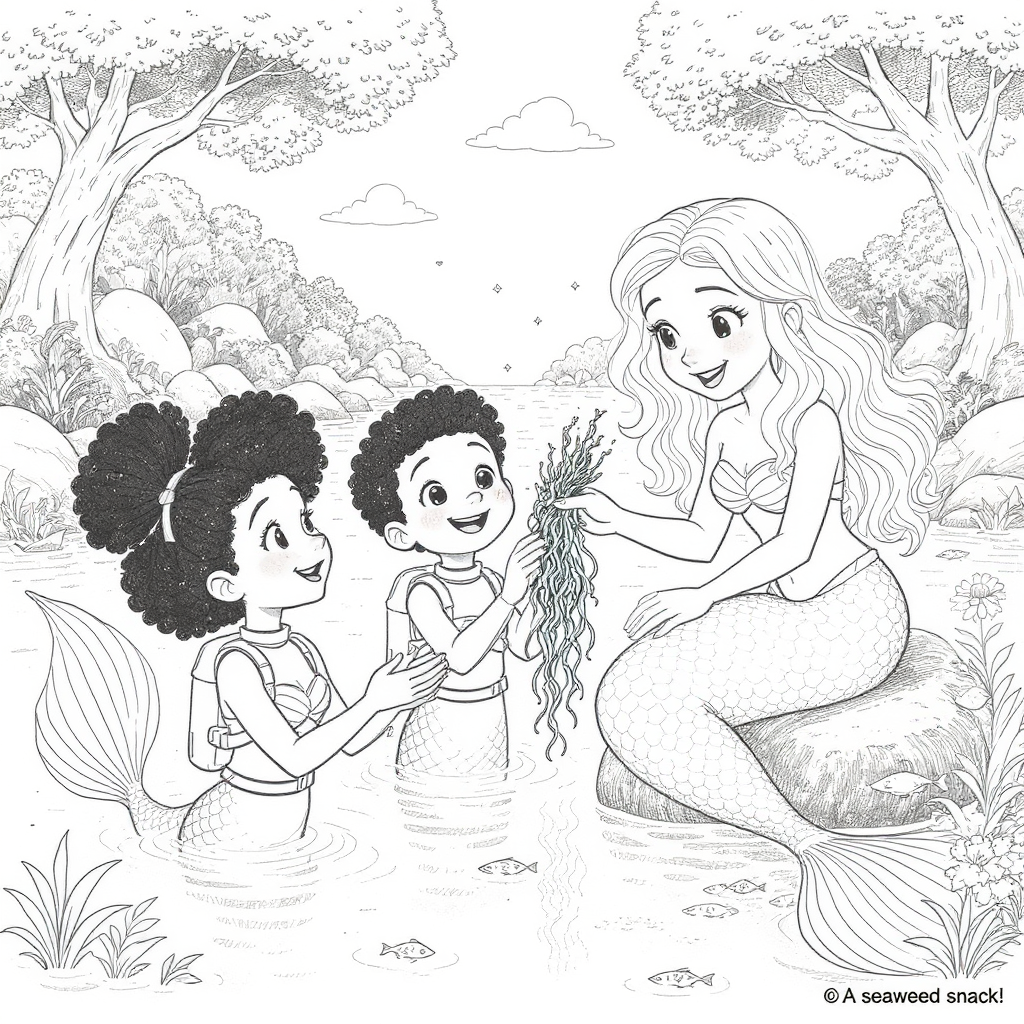 Setting:
A sparkling pond surrounded by leafy trees and smooth rocks
Gentle ripples on the water’s surface
Three mermaids lounging nearby, tails curled and hair flowing
Characters:
Rose (7):
Soft facial features
Large, high afro puffs tied neatly
Wearing a full-length scuba diving suit with long sleeves and ankle coverage
Kneeling in shallow water, hands cupped to receive the seaweed
Expression: curious and gentle smile
David (4):
Soft facial features
Short curly hair
Wearing a matching scuba suit
Standing beside Rose, leaning forward slightly
Expression: playful grin, sniffing the seaweed with wide eyes
Mermaid:
Long, wavy hair cascading over her shoulder
Soft smile and expressive eyes
Sitting upright on a smooth rock at the water’s edge
Holding a bundle of shimmering seaweed with both hands
Reaches forward to offer it to Rose and David
Seaweed: long strands, slightly curled, with glistening texture and tiny sparkles
Environment Details:
Water plants and unicorn-faced flowers nearby
Small fish visible beneath the surface
Trees arching overhead, framing the scene
A single fluffy cloud in the sky
Caption:
“A seaweed snack!”