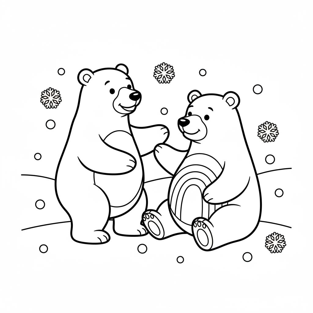 A friendly polar bear and brown bear playing in the snow. The brown bear has a rainbow on its stomach, it is possible to color both bears
