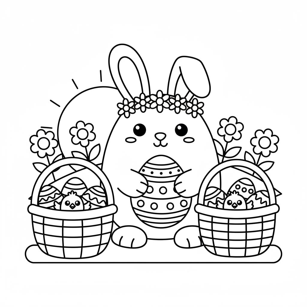simple coloring page for kids ages 3-5, cute easter related theme,  bold thick outlines,black and white line art, no shading,minimal details, large shapes,toddler coloring book style, clean white background,make it simple
