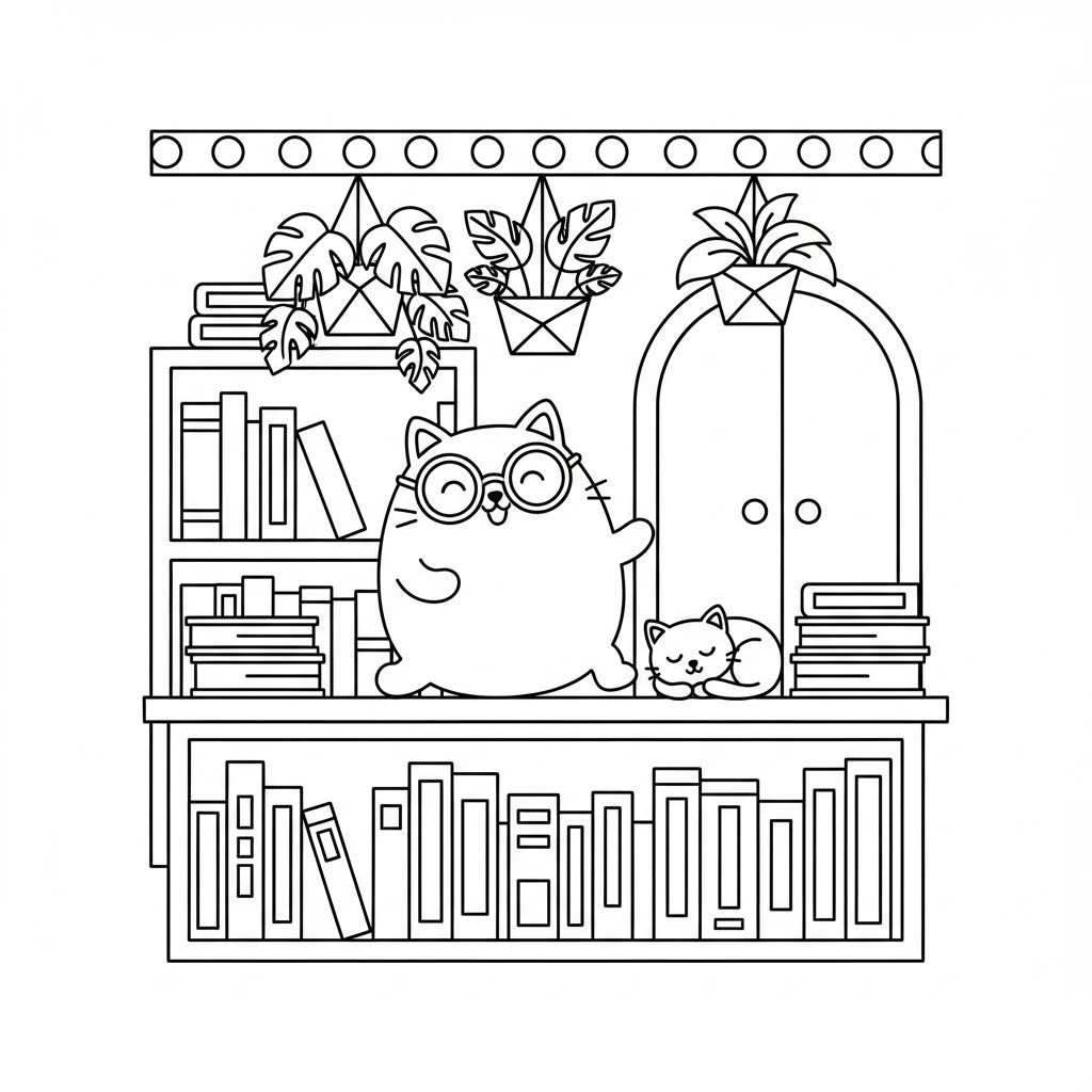 Bold & easy cute coloring page: A chubby cat wearing round glasses running a tiny bookstore with stacked books, hanging plants, and a sleeping kitten on the counter