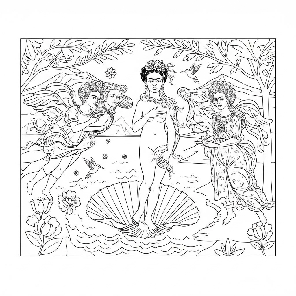 Frida Kahlo style of Venus from Sandro Boticelli's painting "The Birth of Venus"