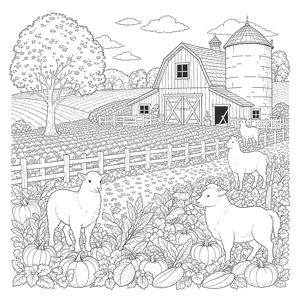 A farm scene with various animals and vegetables