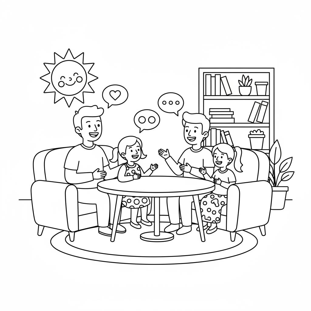 “Dibujo para colorear de una familia hablando con respeto y sonriendo” (para estilo democrático)