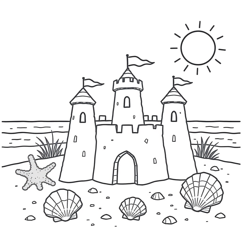 Summer beach with sandcastles and seashells