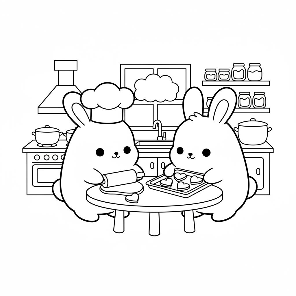 Two cute cozy bunnies baking heart-shaped cookies in a small cozy kitchen,
cute cozy style, black and white line art, simple clean outlines,
coloring book page, no shading, soft rounded shapes, warm atmosphere