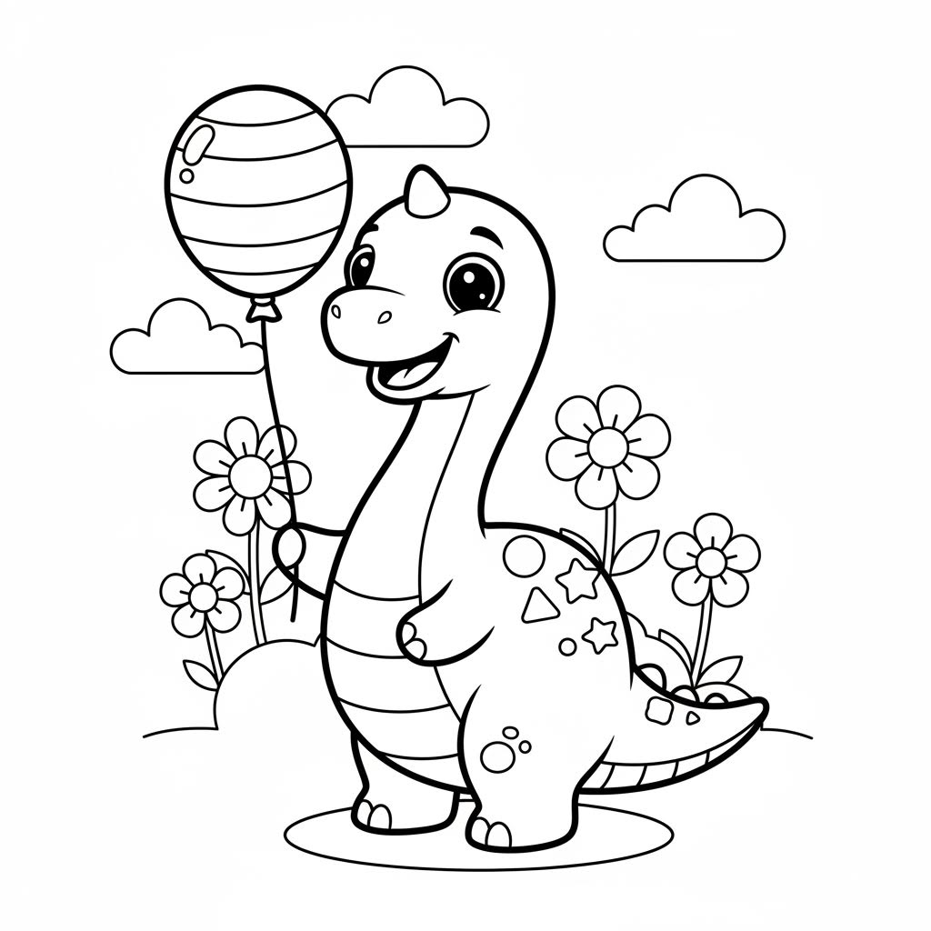 Cute baby dinosaur coloring page, simple thick bold lines, black and white line art, large spaces for coloring, no shading, no grayscale, centered composition, kid-friendly illustration, white background, printable A4, 300 dpi