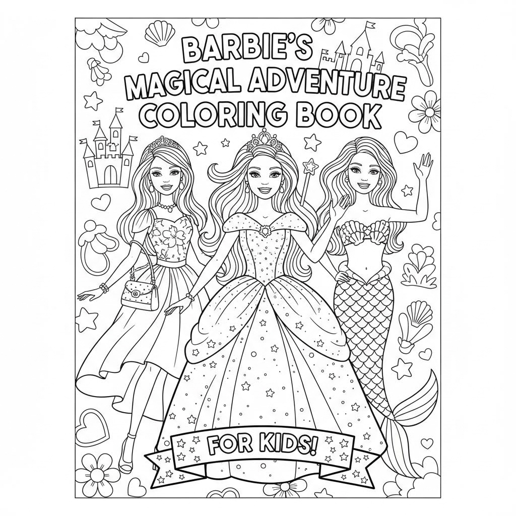 please generate a colouring book for kids  first add front book cover of barbiee dolls then add 20 pages of barbiees one page contain two pic one is colored and one is un coloured at last add last book cover page and make a unique book