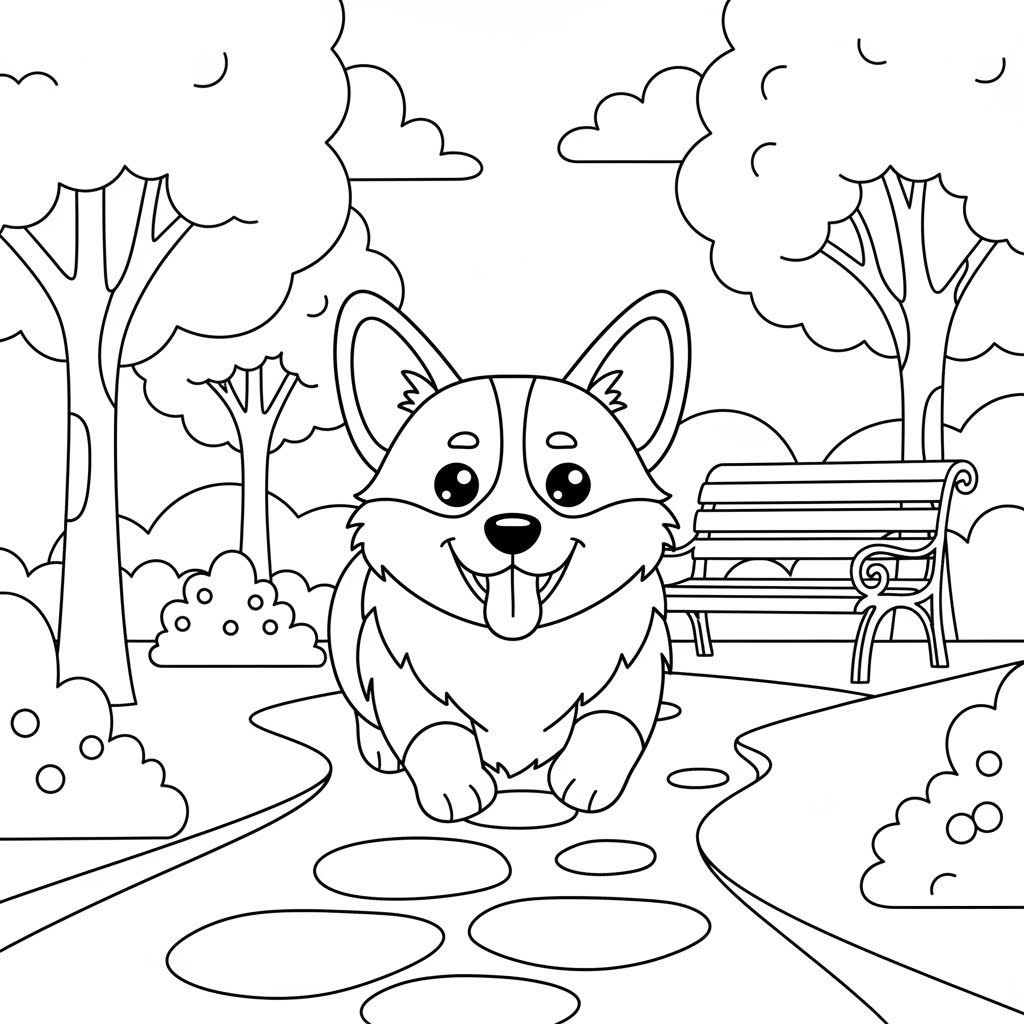 make coloring book with corgi dog running towards with tongue out cute in bacground make park and some bench