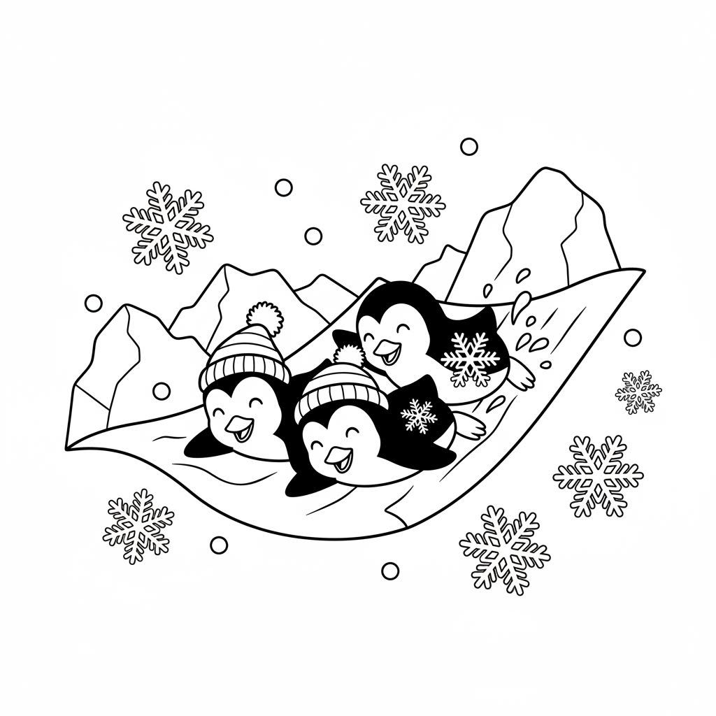 A group of penguins sliding on ice with snowflakes