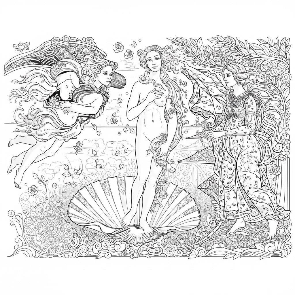 Sandro Botticelli's "Birth of Venus" done in a Margaret Keane style, anatomically correct, highly detailed, roses going down Venus's body in her hands, fuller hair for Venus