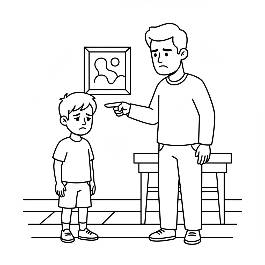 Dibujo para colorear en blanco y negro de un padre señalando con el dedo a un niño que está cabizbajo. El padre tiene el rostro serio y el niño luce triste. No hay sonrisas. El ambiente es tenso. Están dentro de casa. Líneas claras, estilo infantil, sin colores, solo contornos.