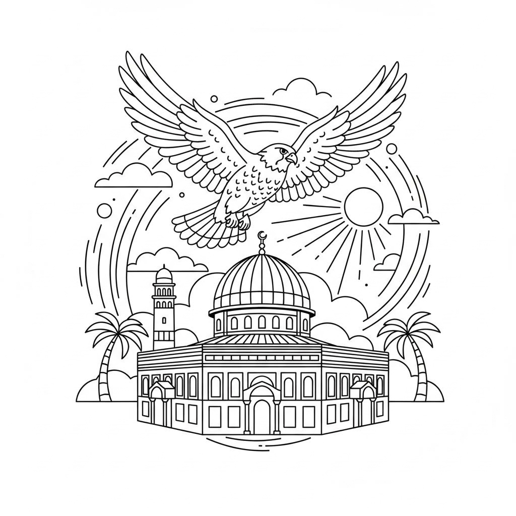 I want a picture of a falcon flying around the Al-Aqsa Mosque and the Dome of the Rock during the day, with effects.