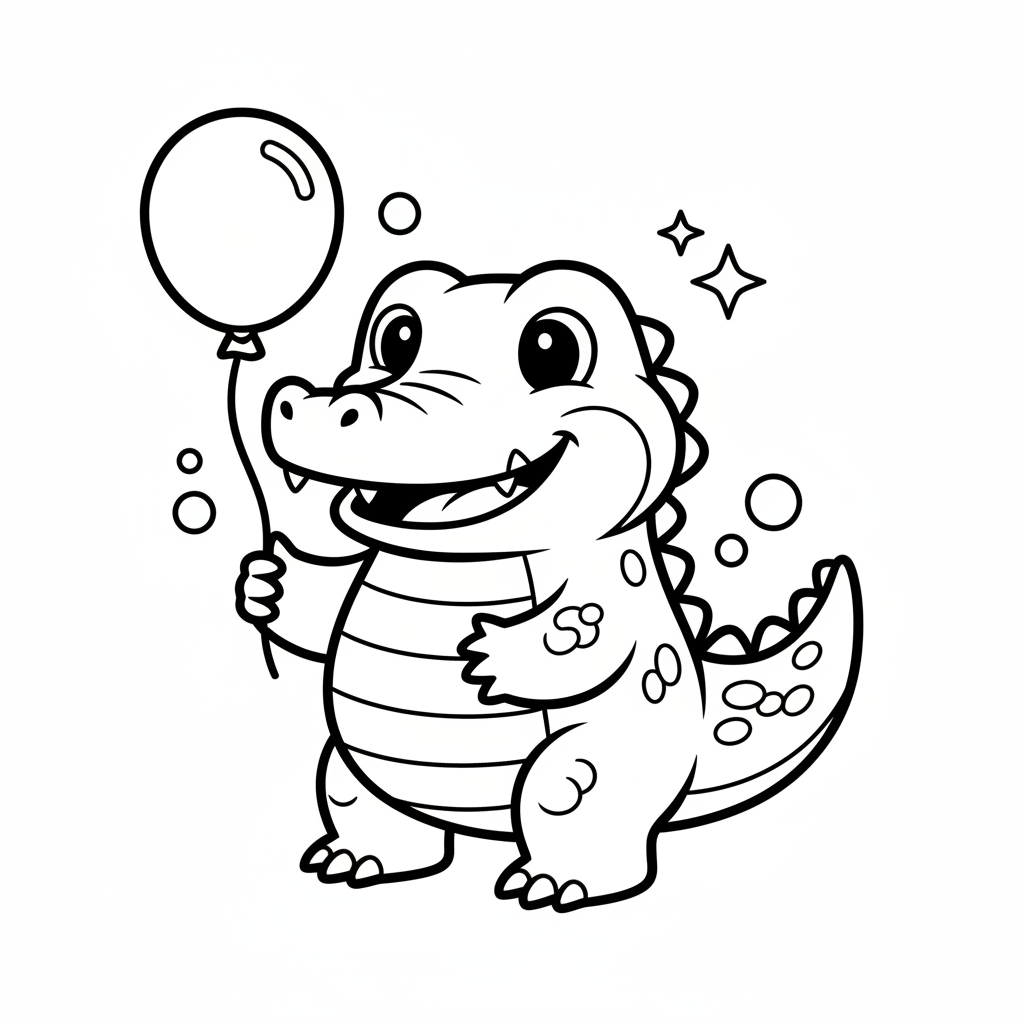 Cute baby crocodile coloring page for kids, thick black outlines, simple vector style, white background, no shading, no grayscale, high contrast, clean lines, suitable for toddlers, 8.5x11 aspect ratio