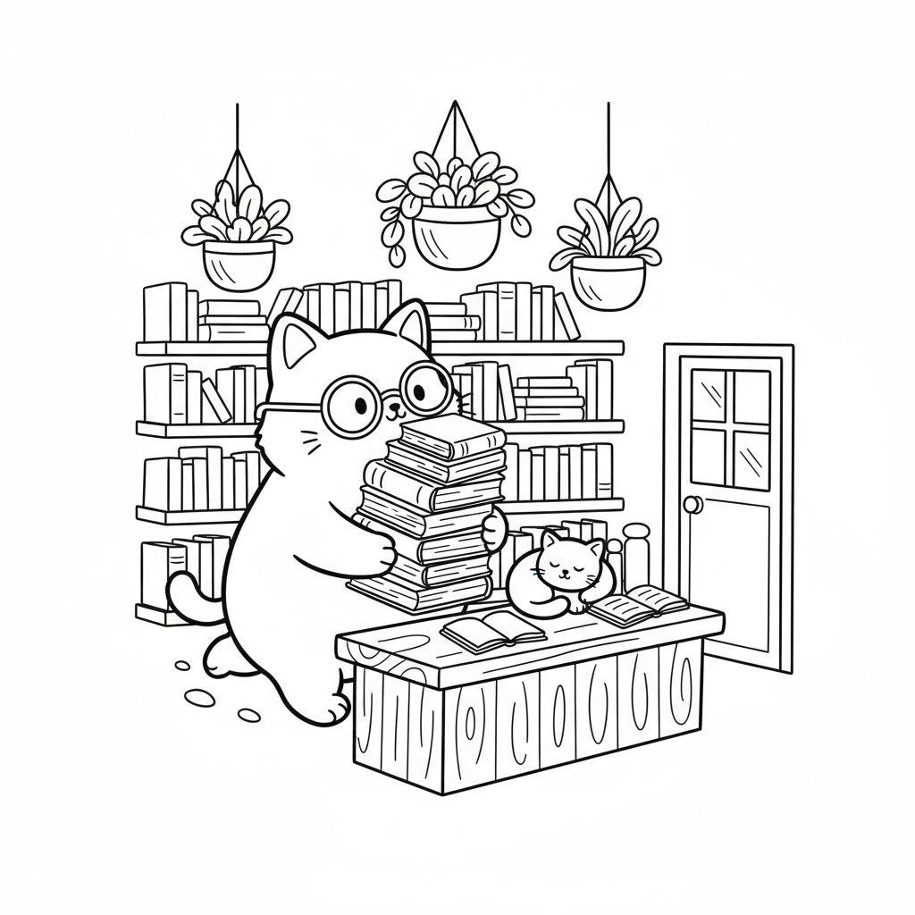 Bold & easy cute coloring page: A chubby cat wearing round glasses running a tiny bookstore with stacked books, hanging plants, and a sleeping kitten on the counter