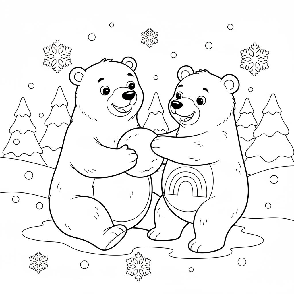 A friendly polar bear and brown bear playing in the snow. The brown bear has a rainbow on its stomach, it is possible to color both bears