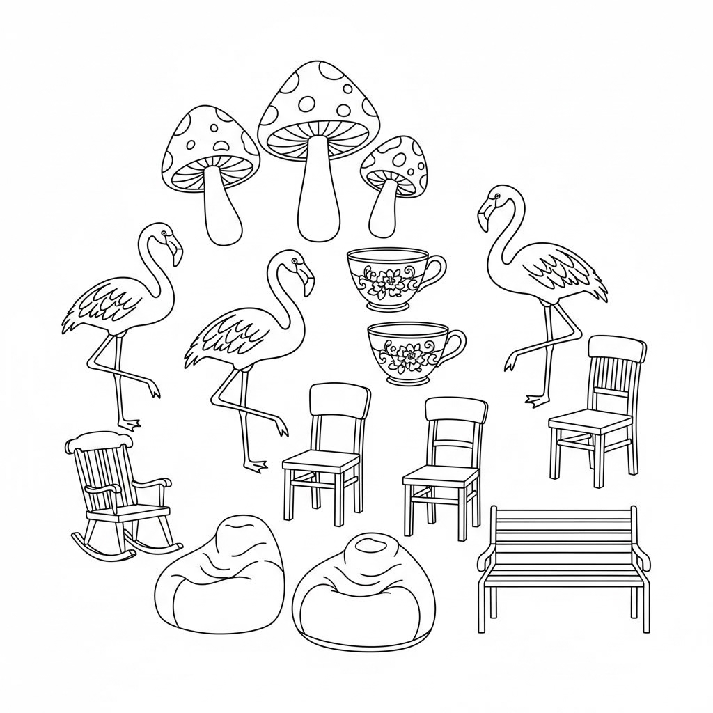 three mushrooms
four flamingoes
two tea cups
five chairs