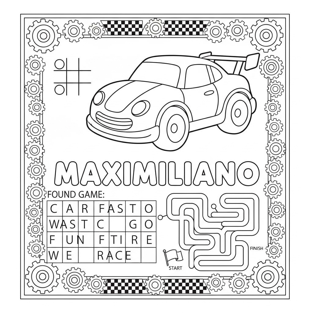 fast one coloring page include name maximiliano. include tic tac toe game, word search and maze game