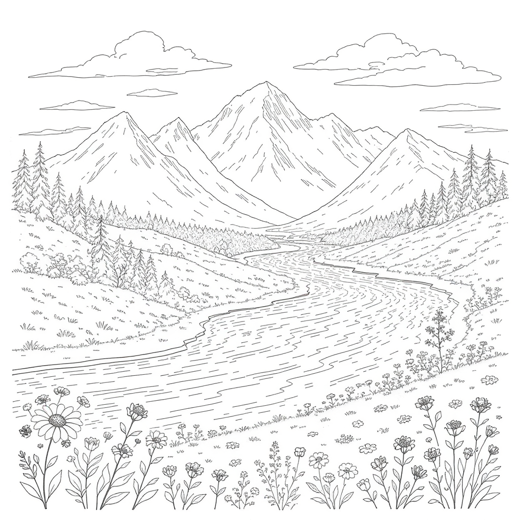 A mountain landscape with rivers and wildflowers