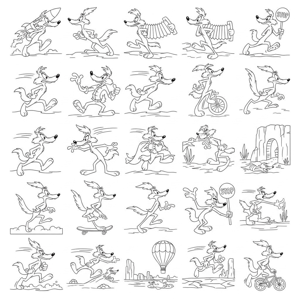 Gere 25 imagens sobre o desenho Coyote e papa-léguas o desenho infantil, sendo estas imagens para colorir, mais focado a um público infantil