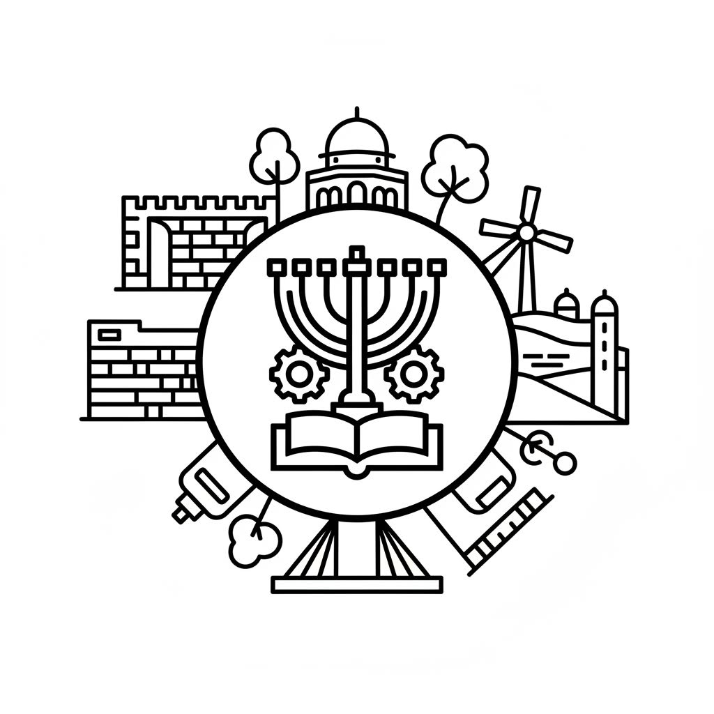 jerusalem college of technology logo in the center, surrounded by jewish israeli landmarks
