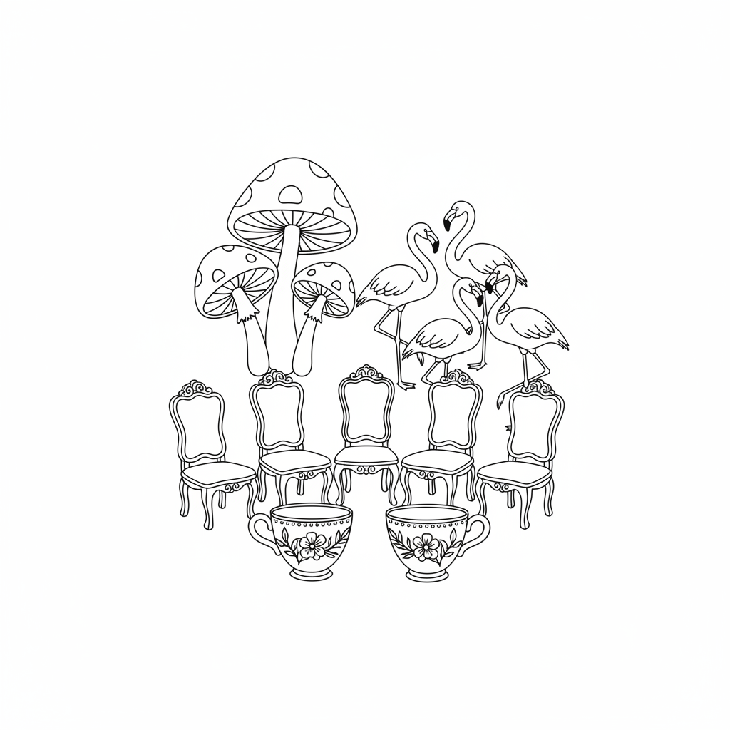 three mushrooms
four flamingoes
two tea cups
five chairs that are the same