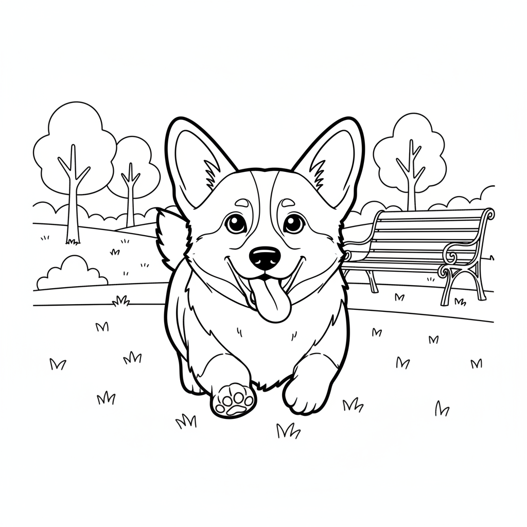 make coloring book with corgi dog running towards with tongue out cute in bacground make park and some bench detailed