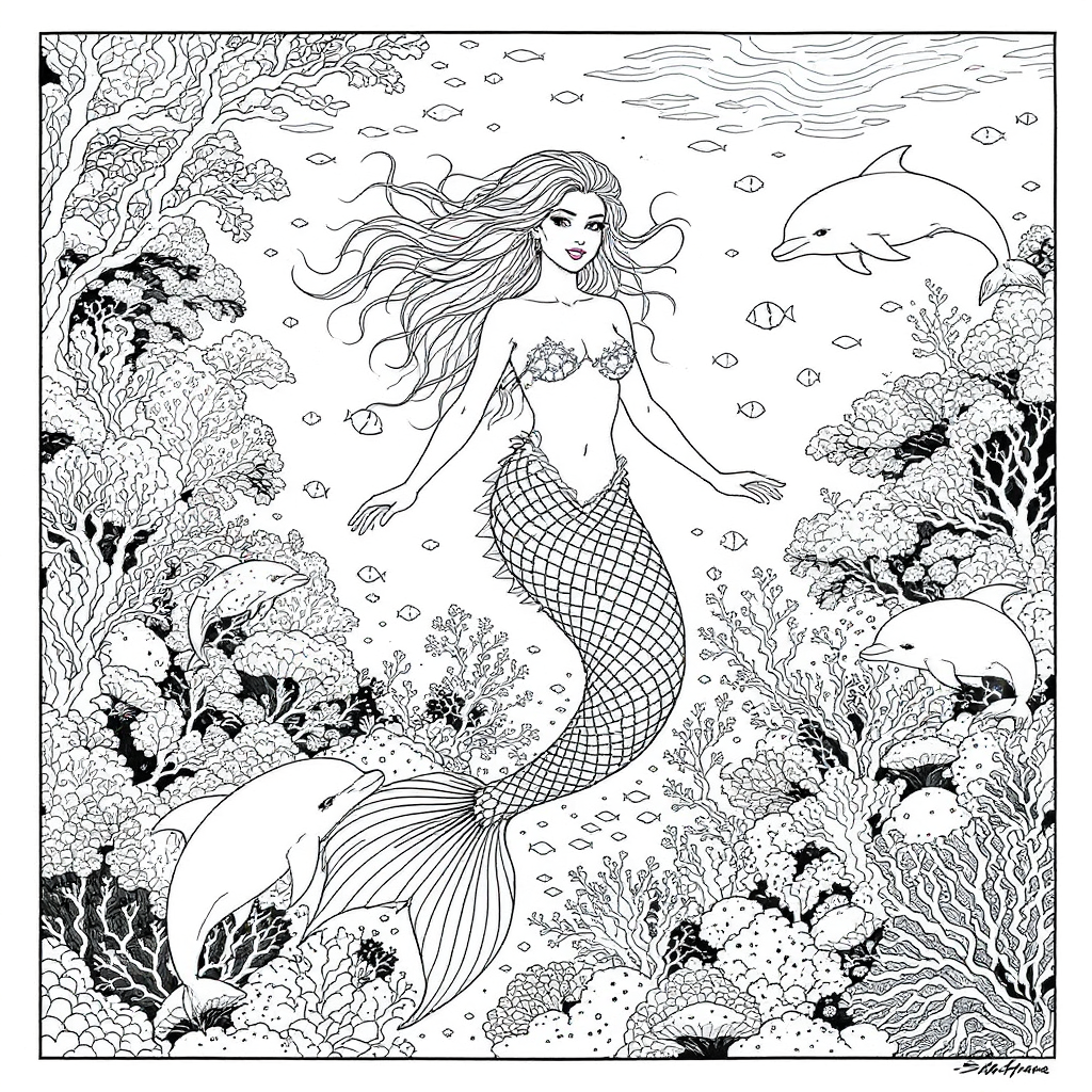 A mermaid swimming with dolphins in coral gardens