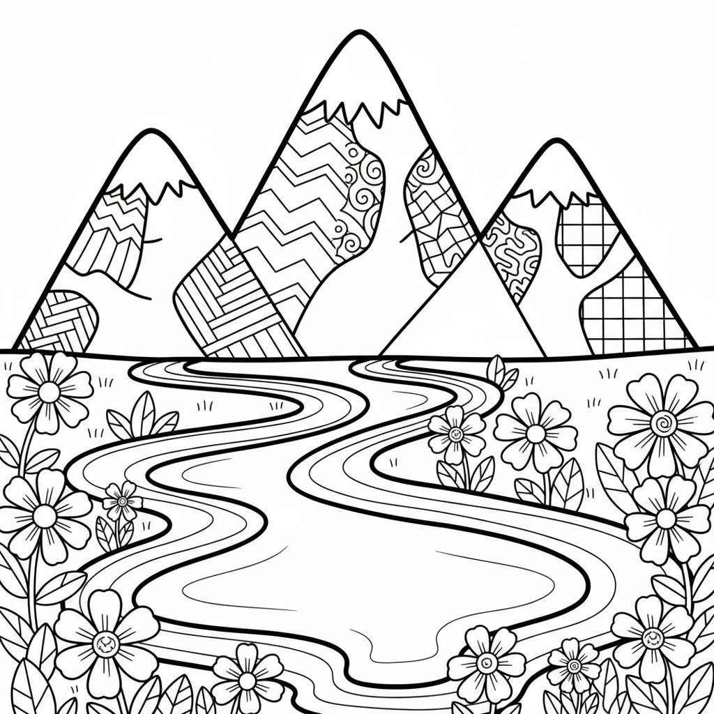 A mountain landscape with rivers and wildflowers