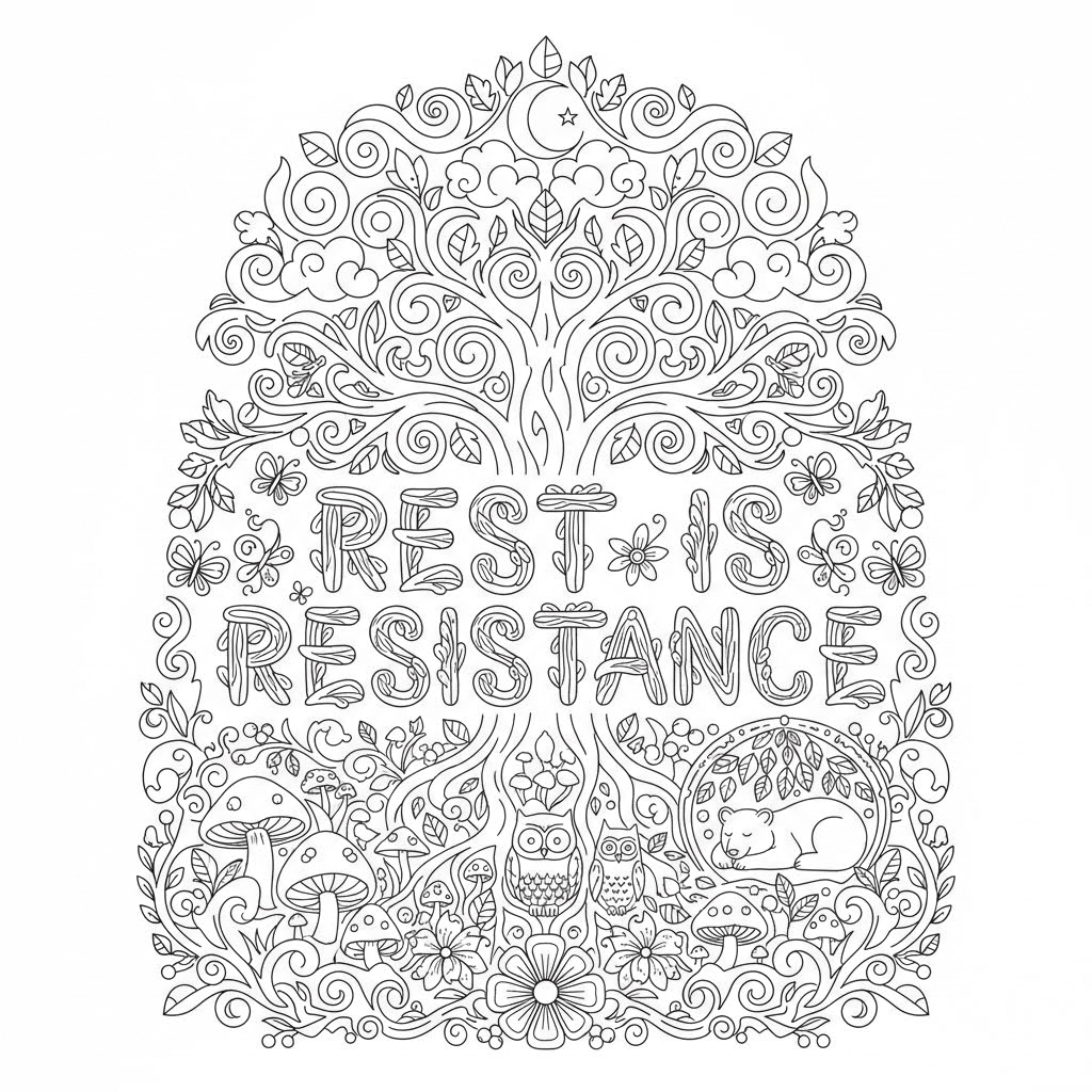 Make a nature themed adult coloring page with the phrase "Rest is Resistance"