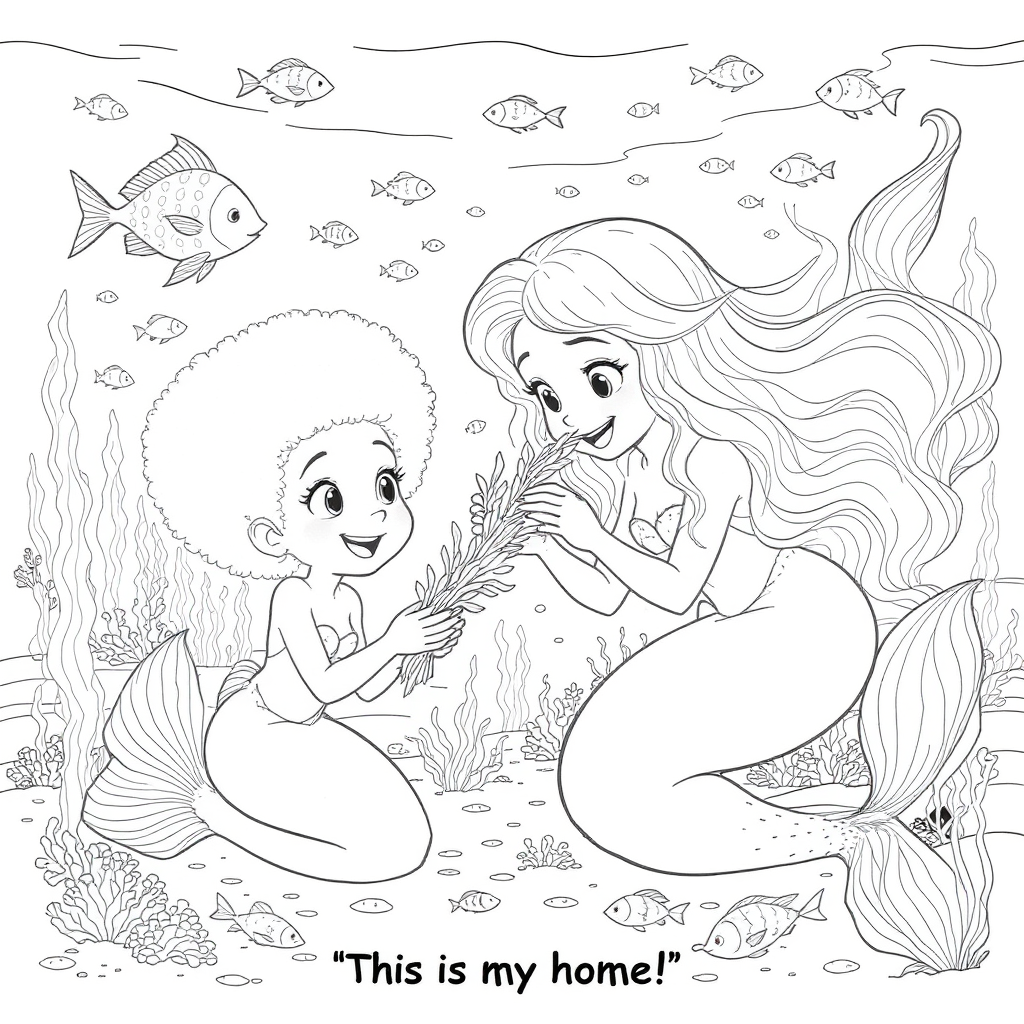 Setting:
Underwater city with mermaids and mermen 
All sorts of fishes around them
2 mermaids are swimming along side them 
Characters:
Rose (7):
Soft facial features
Large, high afro puffs tied neatly
she is a mermaid 
Kneeling in shallow water, hands cupped to receive the seaweed
Expression: curious and gentle smile
David (4):
Soft facial features
Short curly hair
he is a merman
Swimming beside Rose
Expression: playful grin, sniffing the seaweed with wide eyes
Mermaid:
Long, wavy hair cascading over her shoulder
Soft smile and expressive eyes
showing david and rose her home
Caption:
“This is my home!”