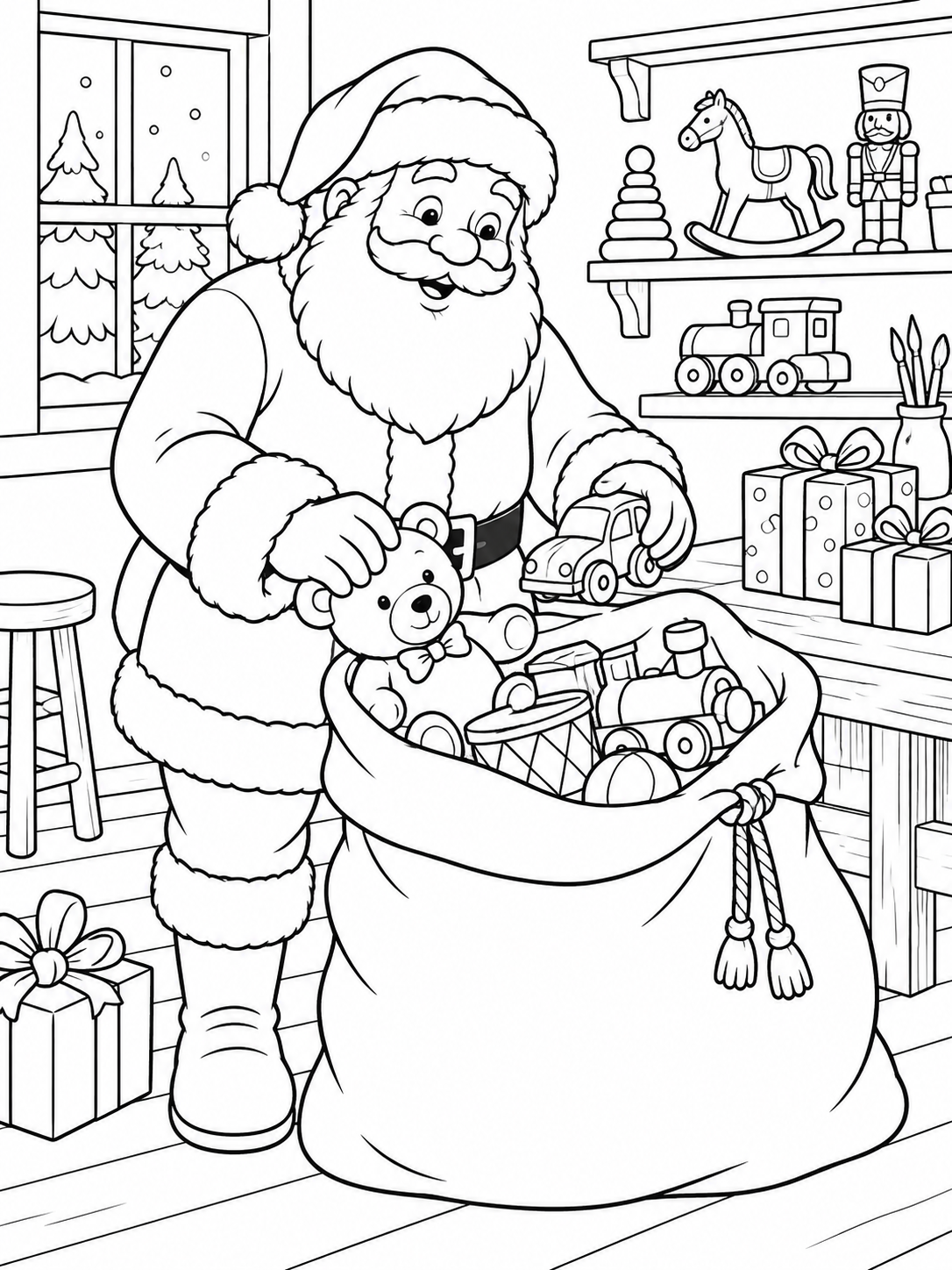 Escena de Navidad para colorear en blanco y negro listo para imprimir