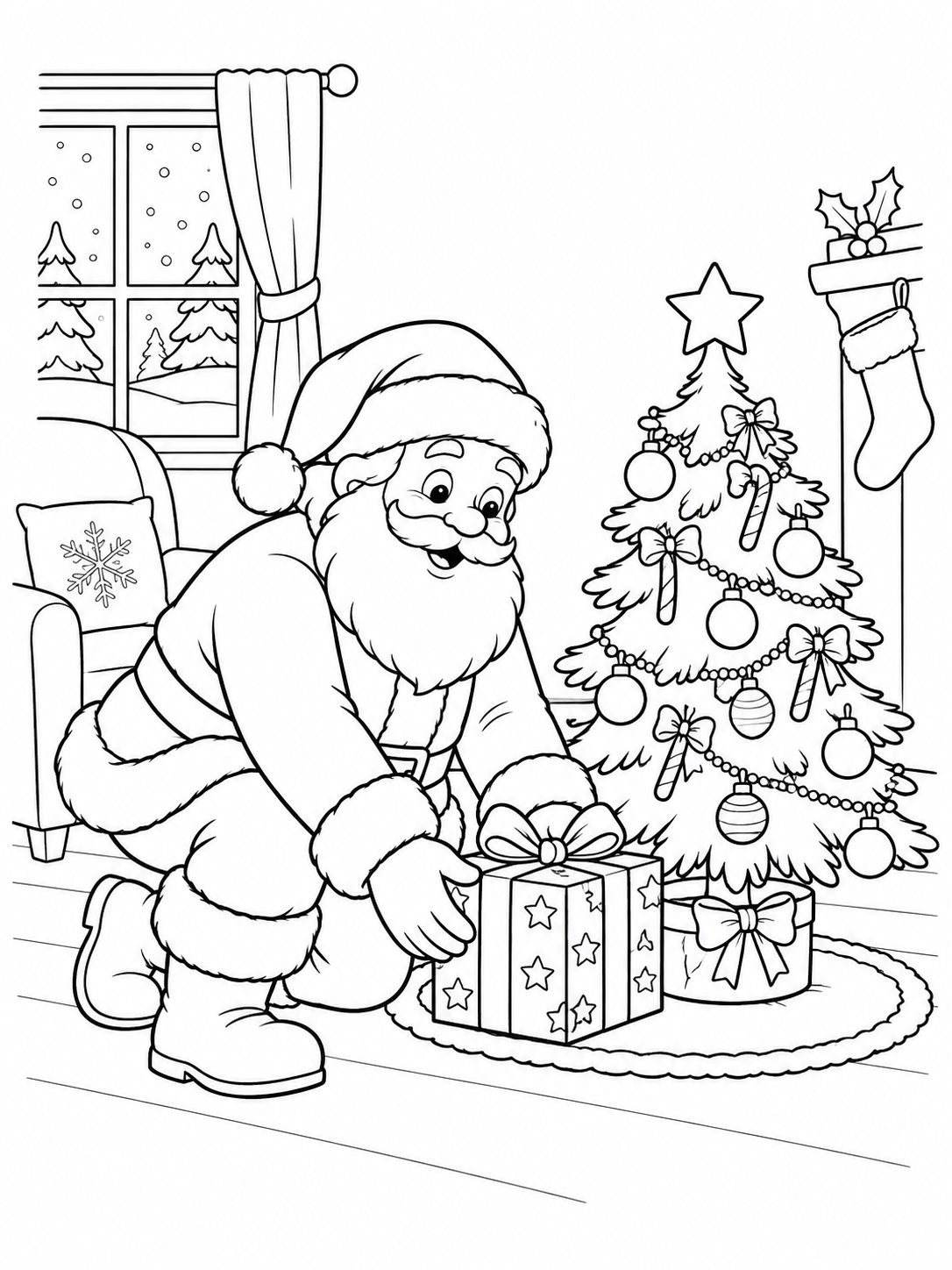 Santa kneeling to place a wrapped present beneath a small coloring page printable line art
