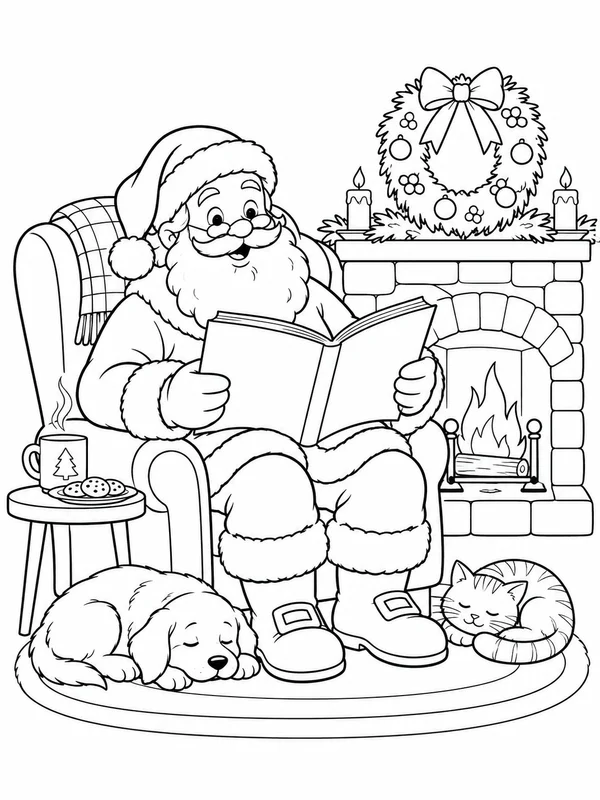 Escena de Navidad para colorear en blanco y negro listo para imprimir