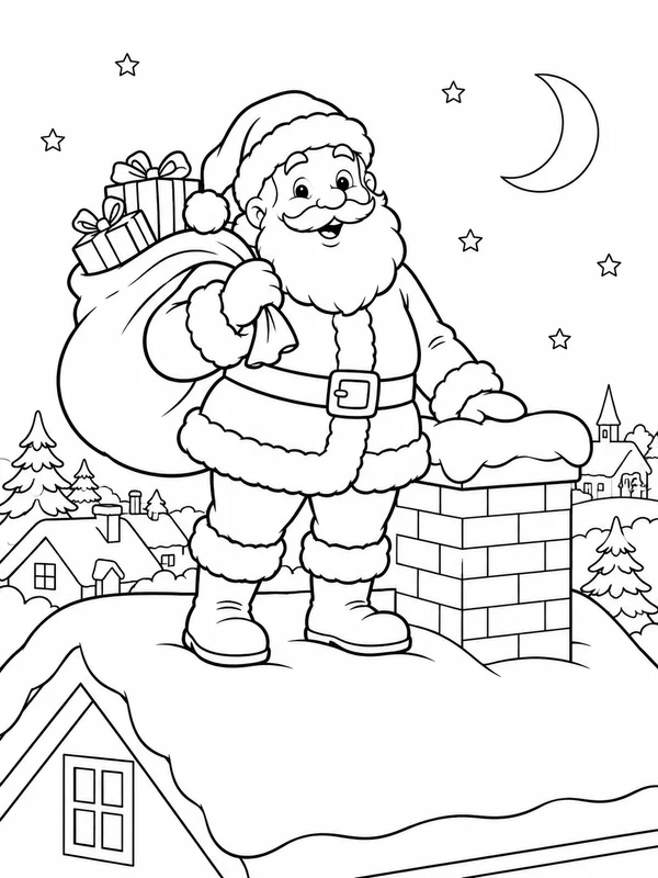 Escena de Navidad para colorear en blanco y negro listo para imprimir