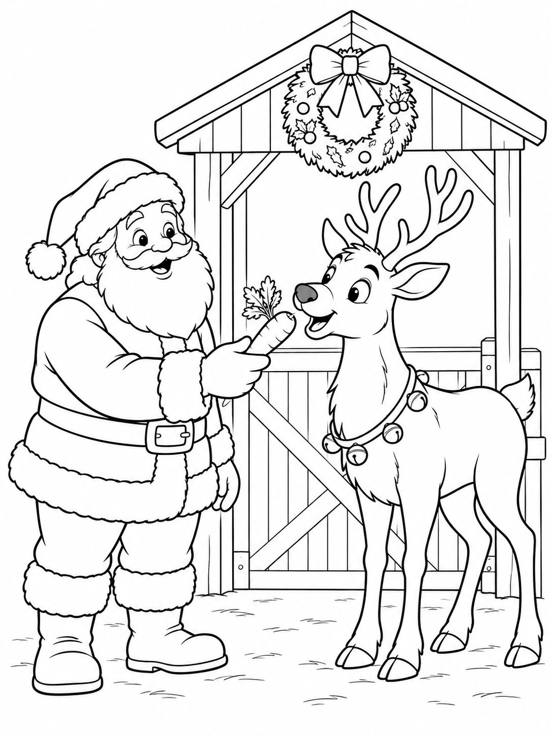 Santa holding a carrot toward one friendly reindeer at a coloring page printable line art