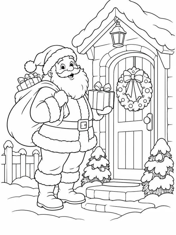 Escena de Navidad para colorear en blanco y negro listo para imprimir