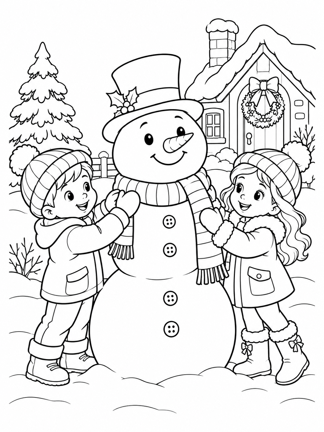 Two bundled-up children placing a scarf on one large cheerful coloring page printable line art