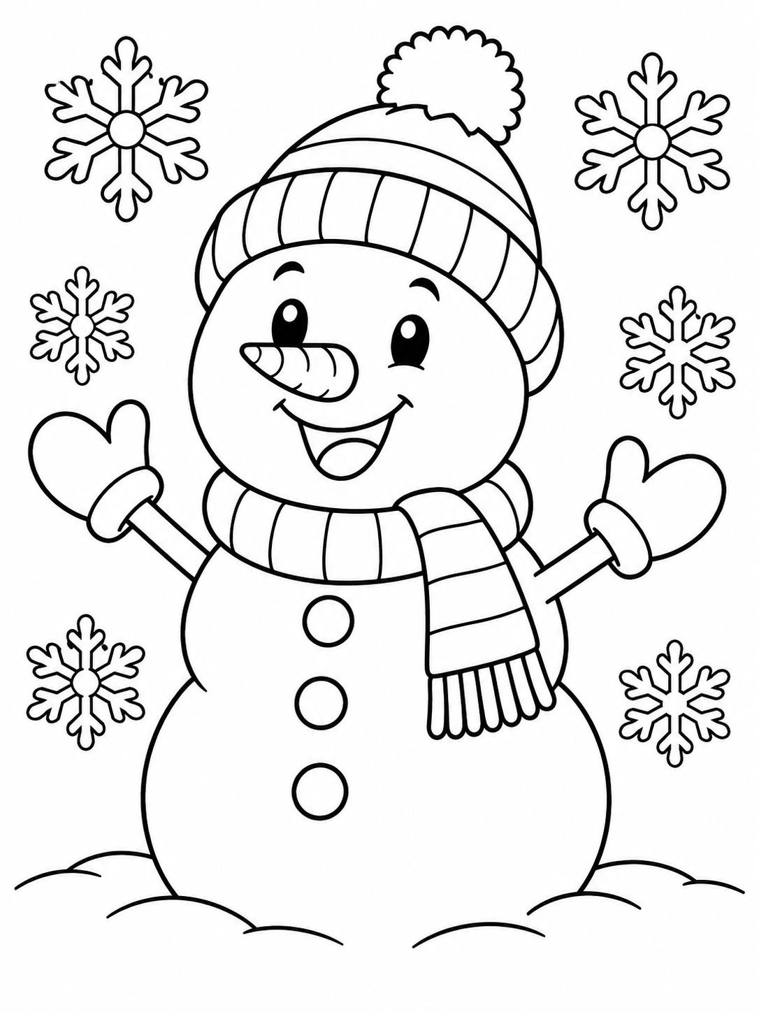 Large smiling snowman in a pompom knit hat surrounded by five coloring page printable line art