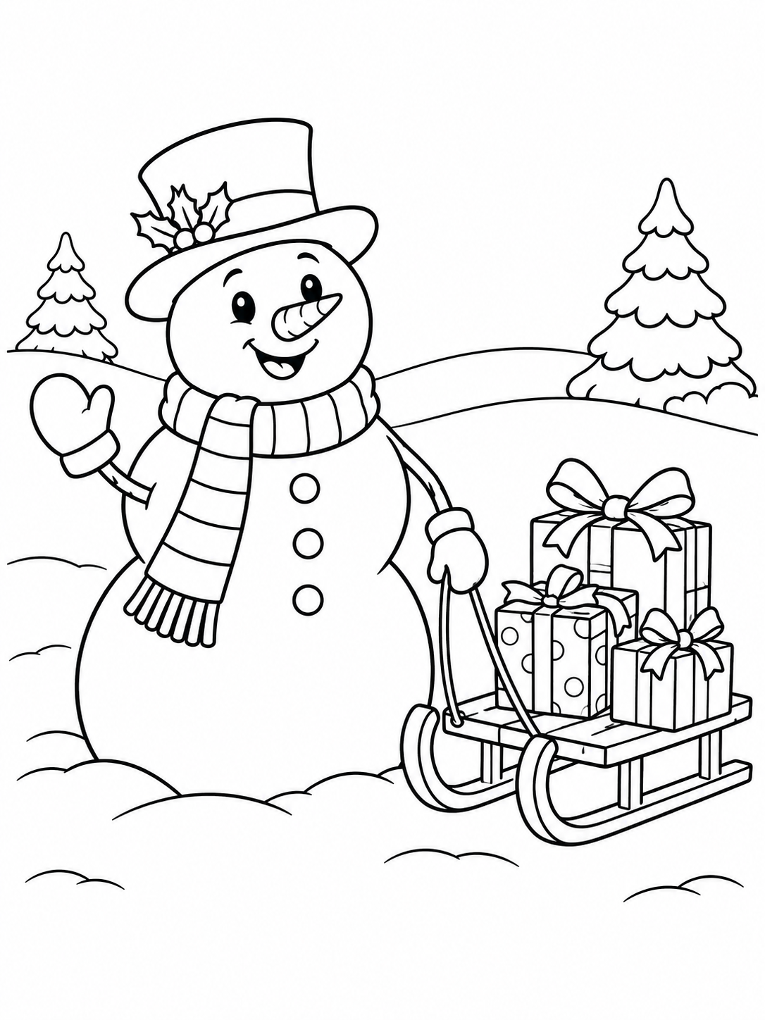 Escena de Navidad para colorear en blanco y negro listo para imprimir