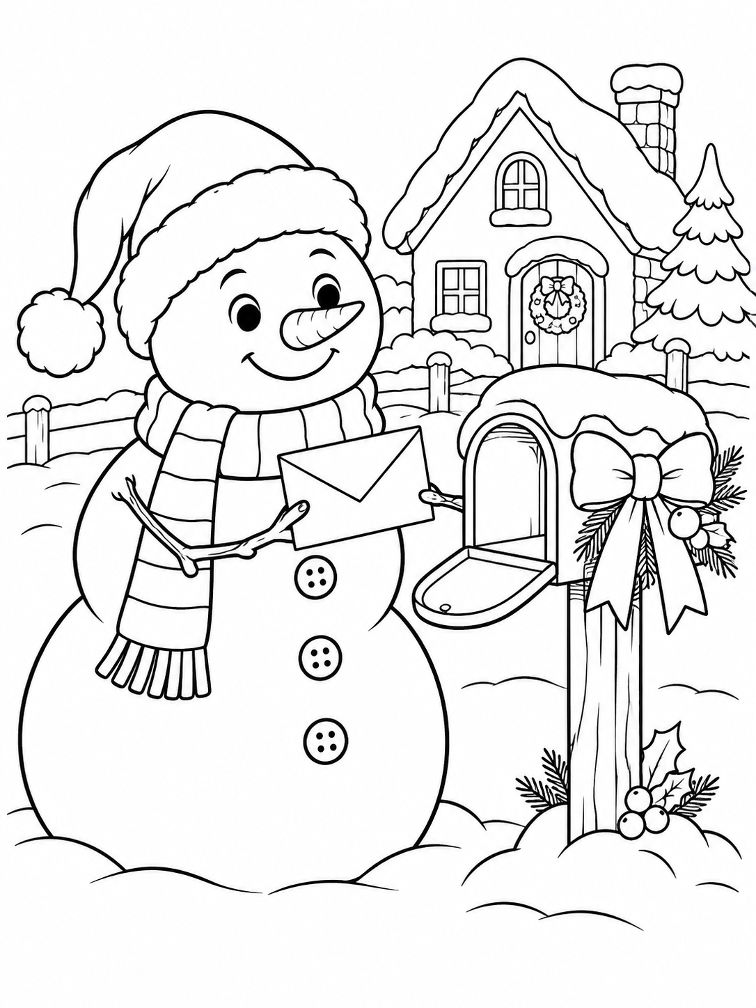 Snowman in a floppy Santa hat beside a cottage mailbox coloring page printable line art