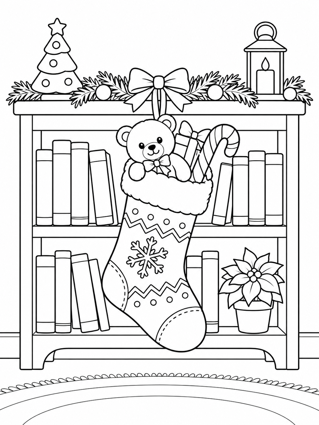Large Christmas stocking filled coloring page printable line art