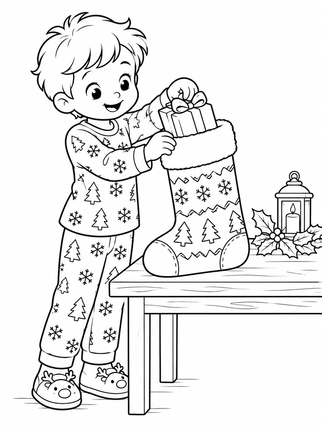 Child wearing winter pajamas placing a small wrapped present coloring page printable line art