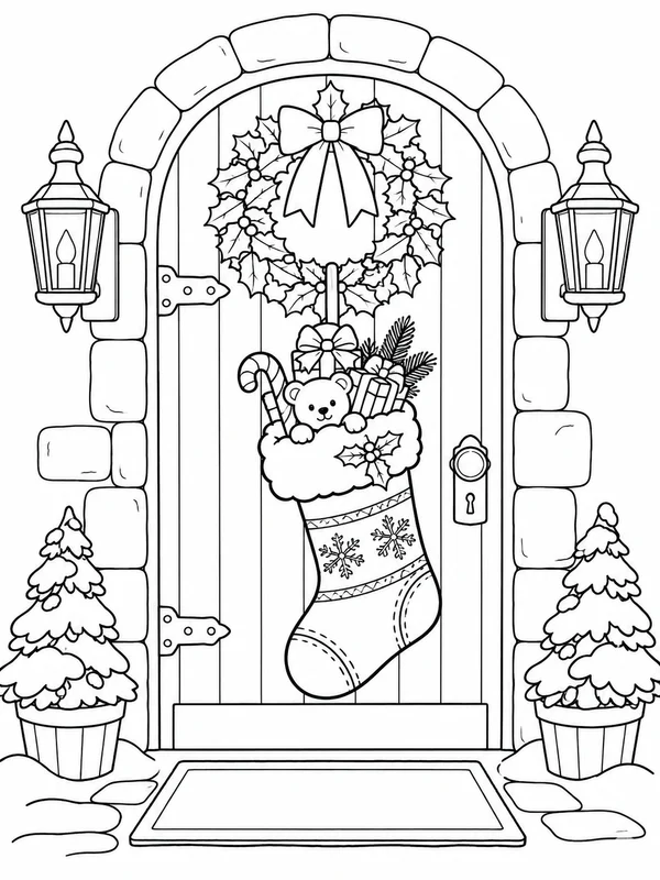 Escena de Navidad para colorear en blanco y negro listo para imprimir