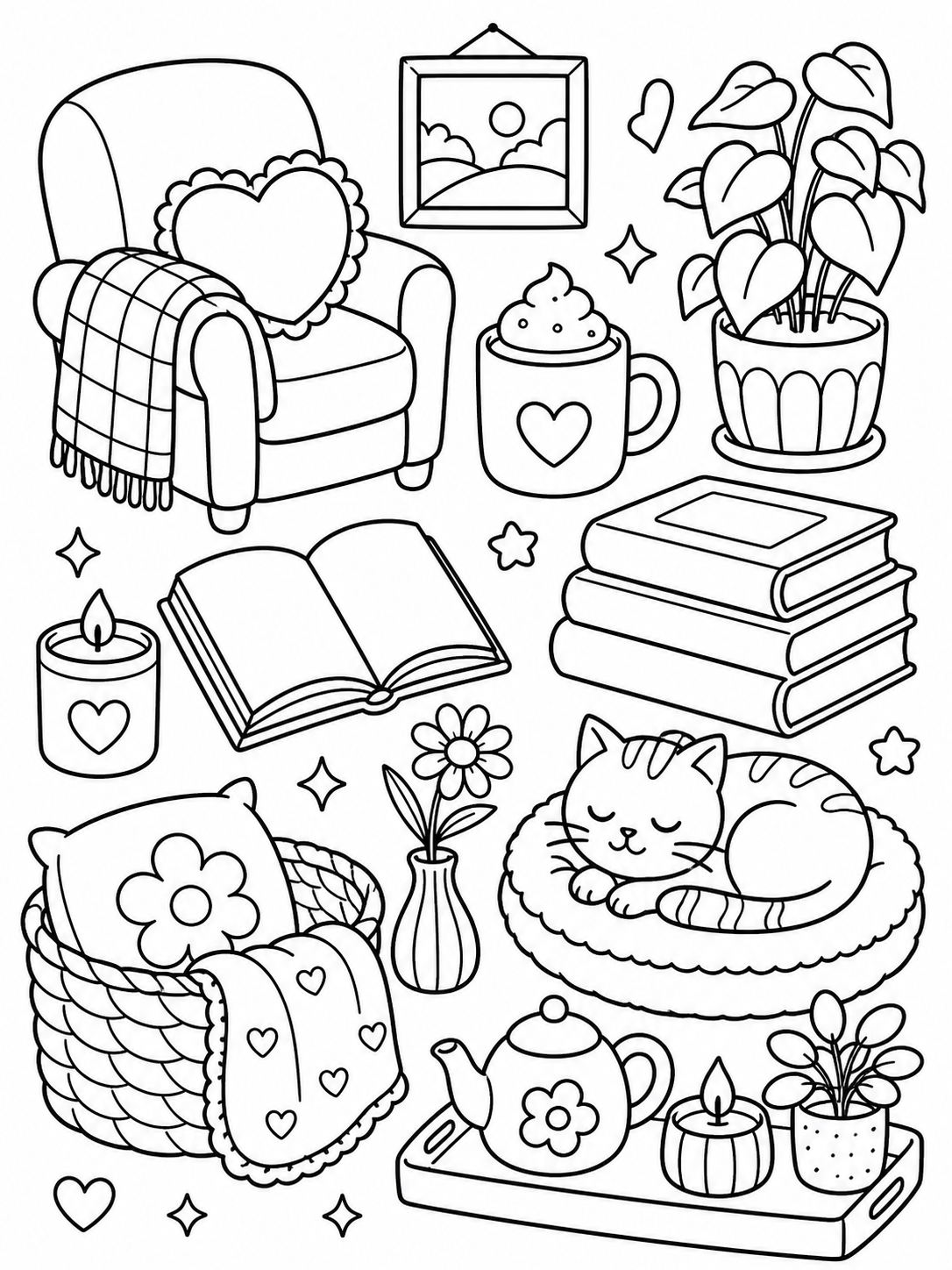 Cute cozy aesthetic scenes coloring page printable line art