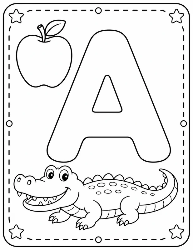 Letter A with an apple, alligator, and tracing-friendly border coloring page printable line art