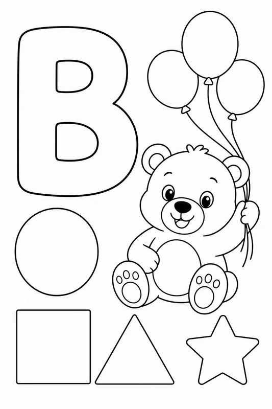 Letter B with a bear, balloons, and big preschool shapes coloring page printable line art