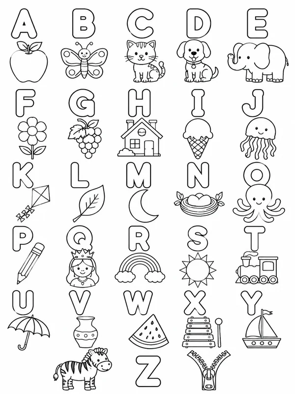 To Z classroom alphabet poster with kid-friendly icons coloring page printable line art